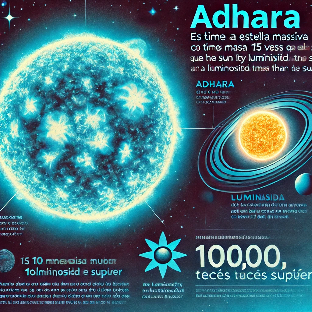 Adhara es una estrella masiva, con una masa aproximadamente 15 veces mayor que la del Sol. Su luminosidad es unas 100.000 veces superior a la del Sol, lo que la convierte en una de las estrellas más brillantes que podemos observar desde la Tierra.