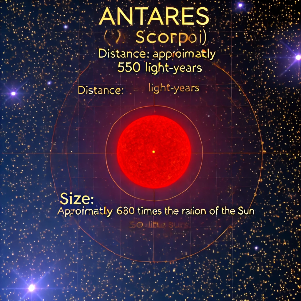 Antares (α Scorpii):Tipo de estrella: Supergigante roja (M1.5Iab).Distancia: Aproximadamente 550 años luz.Tamaño: Aproximadamente 680 veces el radio del Sol.Descripción: Es la estrella más brillante de Escorpio, conocida como el "corazón del escorpión" por su intenso color rojo.